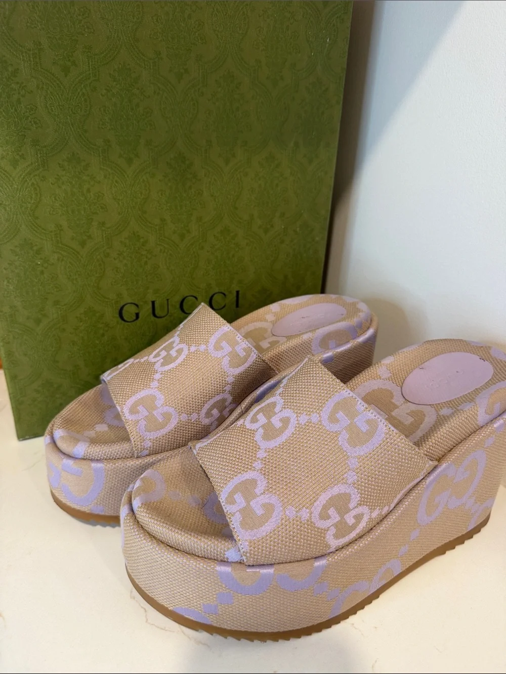 Gucci Beige & Lilac GG Pattern Platform Slide Sandals